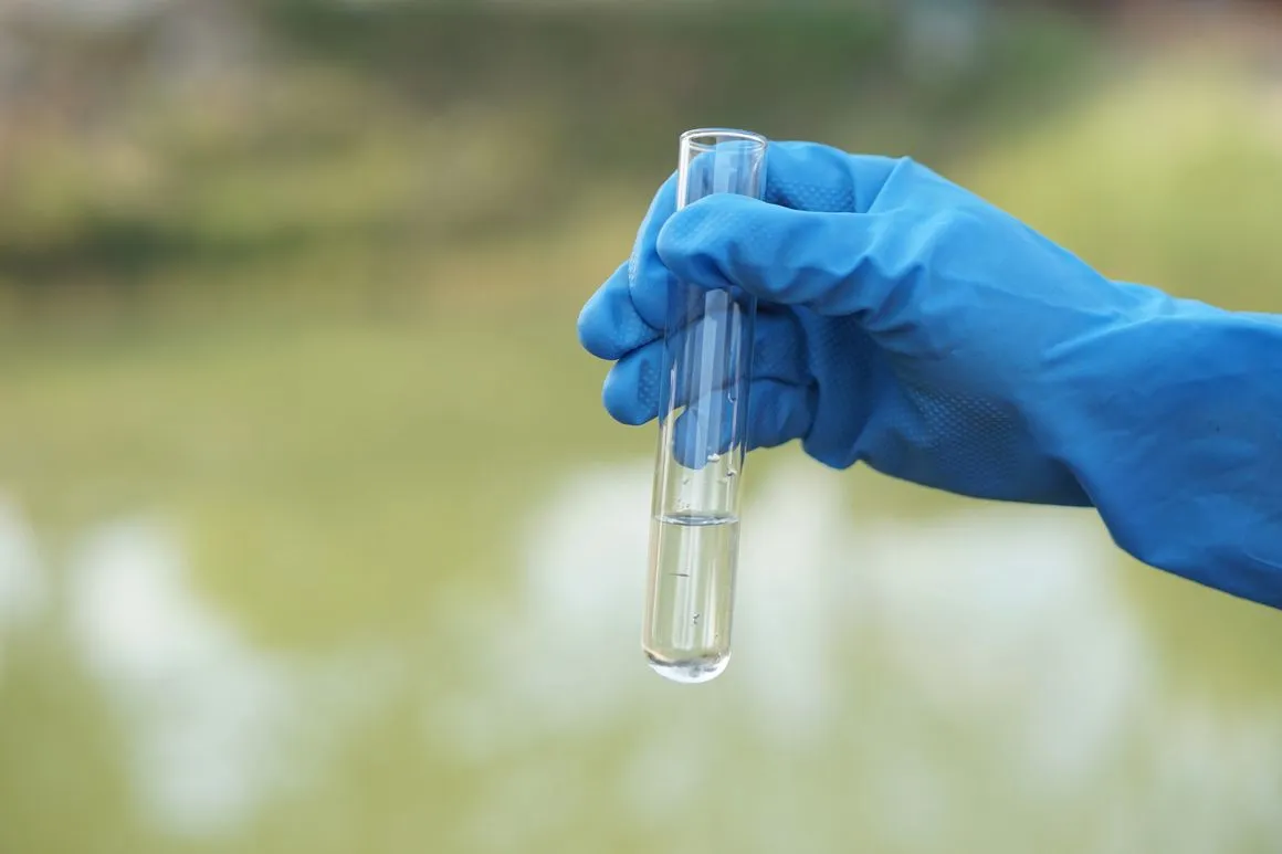 Gloved hand holding a test tube of water sample