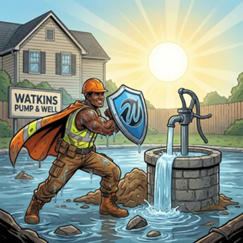 Watkins Pump and Well superhero mascot restoring water to a family's home
